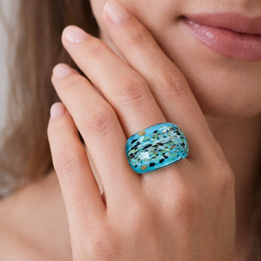 Vintage 80’s 90’s Turquoise Art Glass Statement Ring Fleck Wide Band Size 7 Gift